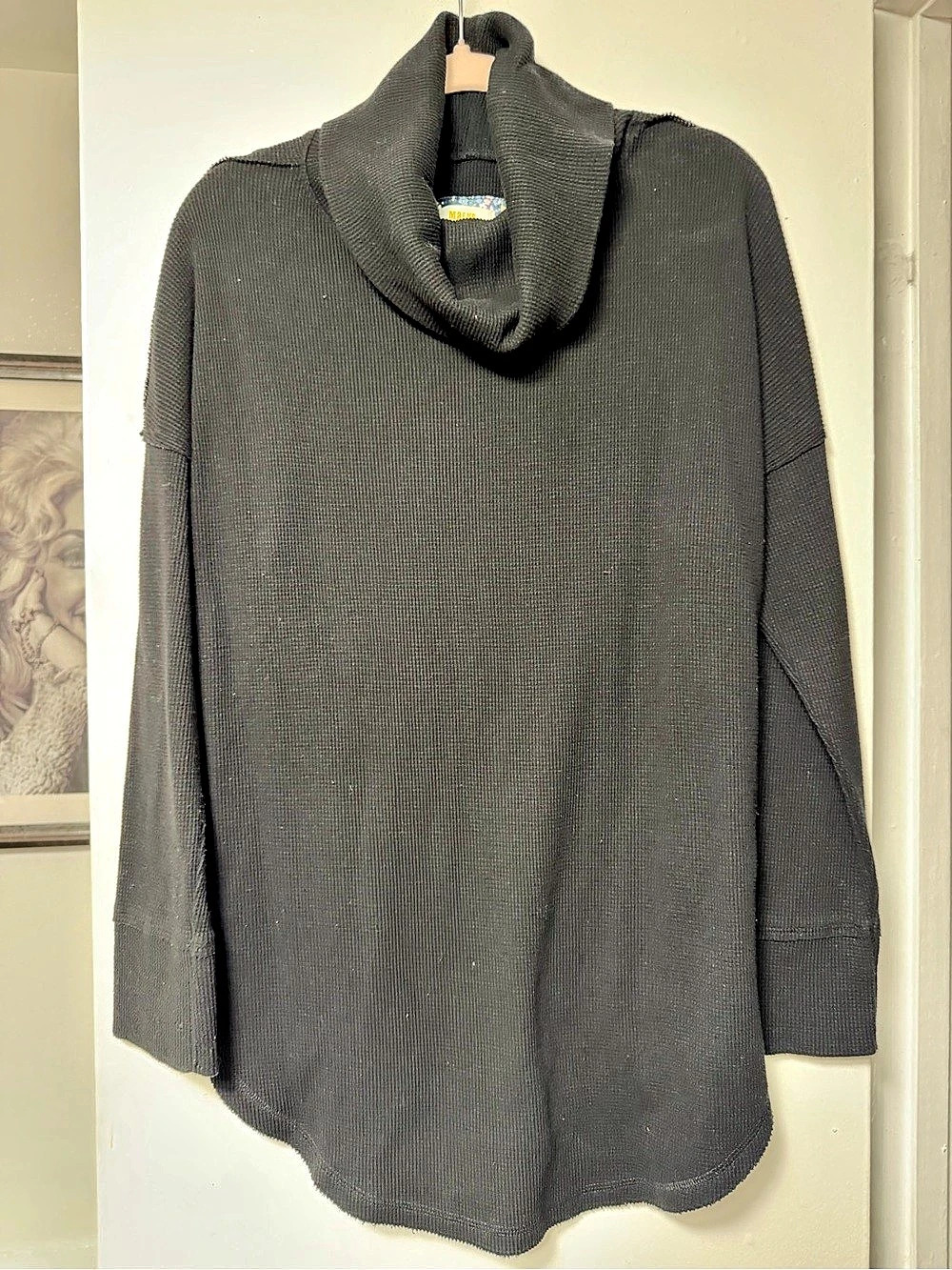 Anthropologie Maeve Thermal Waffle Knit Cowl Neck Tunic Black Women’s XL